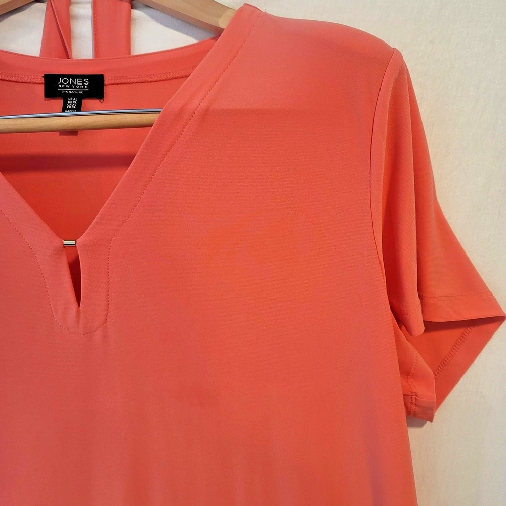 Jones New York Dress Womens XL Coral Pink Short Sleeve V Neck Stretch Casual